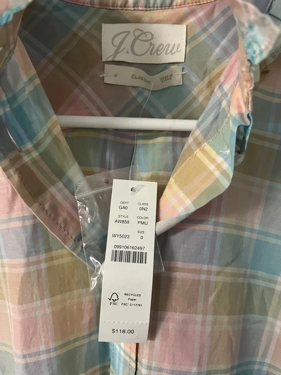 J Crew Women's Pastel Plaid Ruffle Neck Silk Blend Button Down Top Size S NWT - Picture 4 of 12